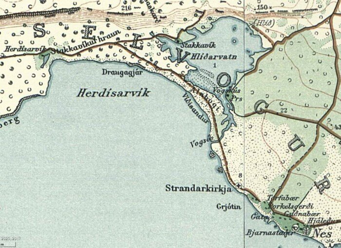 Map of Herdísarvík where the church stands - map.is